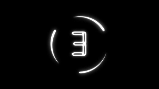 White neon digital 3 2 1 go countdown timer loop with circular energy ring and transparent alpha channel background overlay for youtube intro presentation 4k motion graphics vfx
