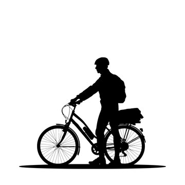Cyclist silhouette stands next to a bicycle with a rear rack against a clean white background.