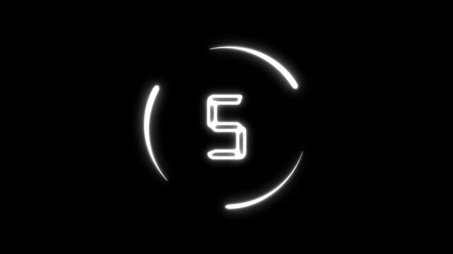 White neon digital countdown timer from ten to one with circular energy ring and transparent alpha channel background overlay for youtube intro presentation 4k motion graphics vfx