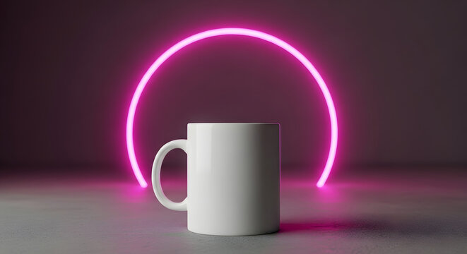Mock up of white mug with neon pink arch background for branding and design