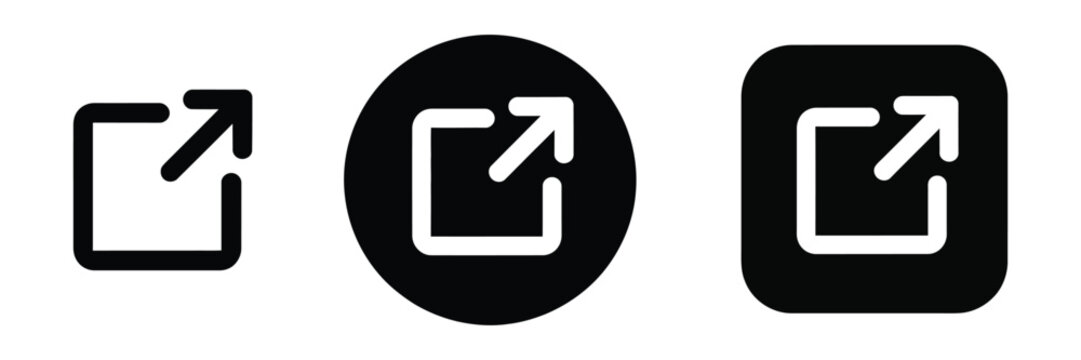 External link icon set featuring button style arrow out symbols for open link, redirect, navigation, and web interface actions. Vector illustration.