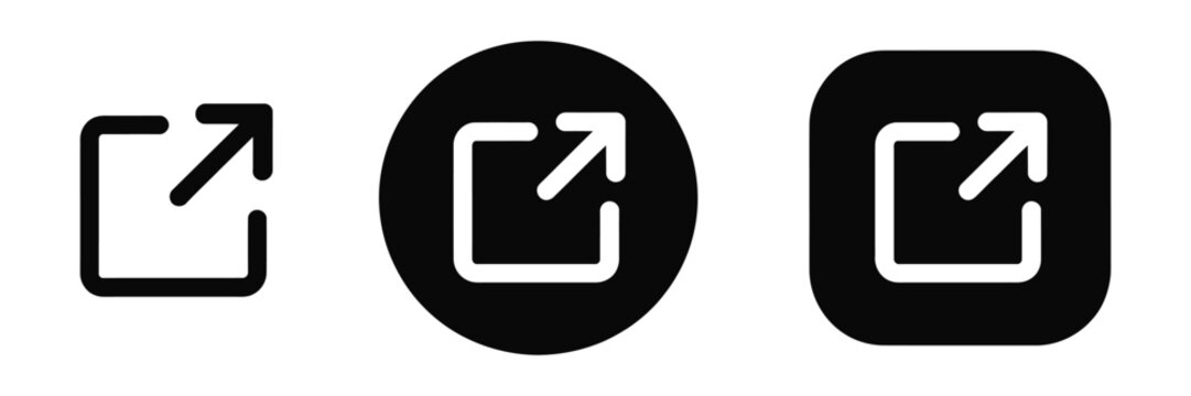 External link icon set showcasing open link and redirect symbols in button style for apps, websites, navigation menus, and sharing features. Vector illustration.