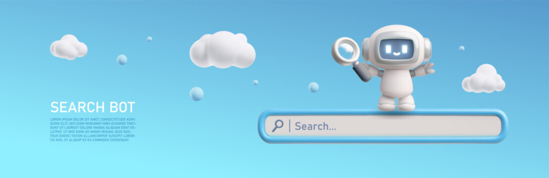 Search bar and Chatbot robot Search bot 3D cartoon vector banner, internet browser interface, UI website or mobile app