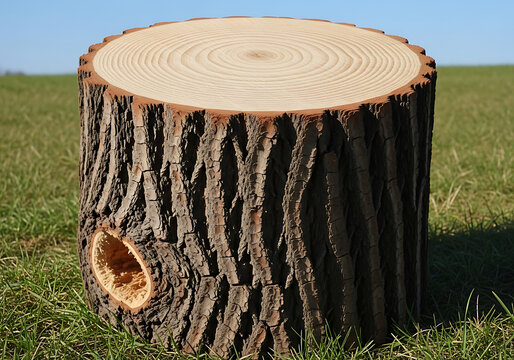 Circular wooden log section showing annual rings resting on green grass field with environment landscape woodland