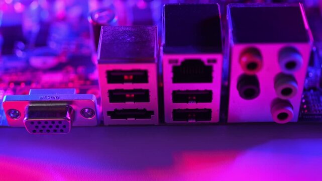 Close up view on PC hardware as concept of cyber attacks target physical components such as CPUs, motherboards, firmware, USB ports, and memory chips. Bypass software defense and physical protection.