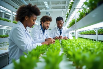 Naklejka premium Diverse Team of Scientists Inspecting Healthy Plants in Vertical Farm