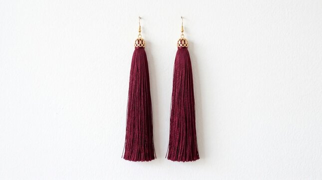 Long maroon tassel earrings with gold hardware