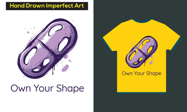 Hand drawn imperfect art design of purple capsule on white and yellow tshirt