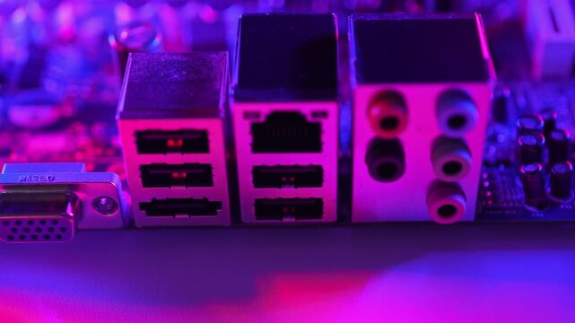Close up view on PC hardware as concept of cyber attacks target physical components such as CPUs, motherboards, firmware, USB ports, and memory chips. Bypass software defense and physical protection.