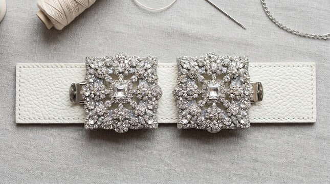 Glittery decorative silver buckles on white leather strap with sewing tools