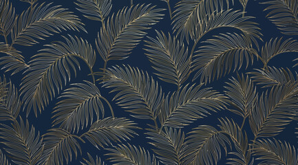 Seamless pattern with golden palm leaves on a dark blue background © Saharia