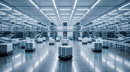 Obraz premium Autonomous Robots in Modern Automated Warehouse, Smart Logistics and E-commerce Fulfillment Center with AGV Technology