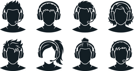 Eight modern gamer silhouettes with headsets and professional microphones in sharp black vector art style © PIXAVIVE