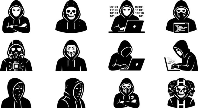 Set of twelve dark hacker and cyber security icons with skulls and binary code in vector graphic style
