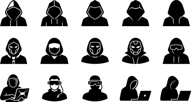 Set of fifteen mysterious hacker and cyberpunk character icons in black silhouette vector graphic style