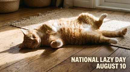 Obraz premium Relaxed cat lying on wooden floor in sunlight