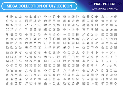 Universal UI UX icon set with navigation, communication, business and interface symbols modern outline vector collection