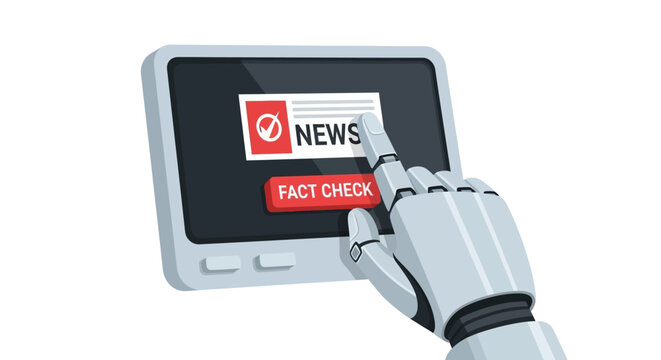 Robotic Hand Verifying News with Fact Check Button on Digital Screen, AI Technology Combating Fake News and Misinformation Concept