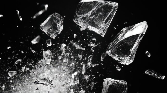 Abstract close-up of ice crystals shattering and exploding in mid-air against a dark background