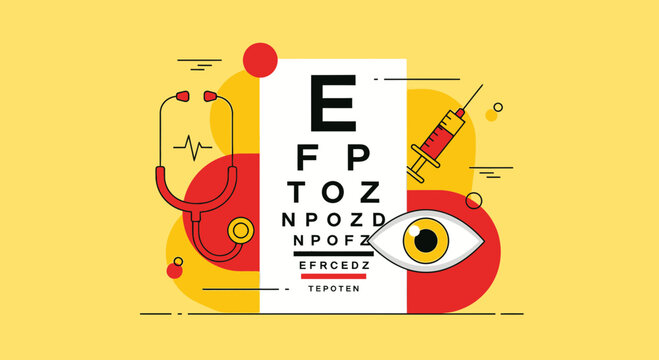 Medical Eye Examination Concept With Eye Chart, Stethoscope, Syringe, And Modern Illustrative