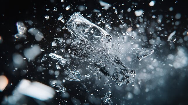 Close-up of ice cubes shattering and splashing in dark water, creating dynamic frozen fragments and bubbles