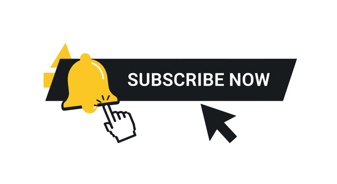 Subscribe Now Button with Yellow Notification Bell Icon and Clicking Hand Cursor Vector Illustration