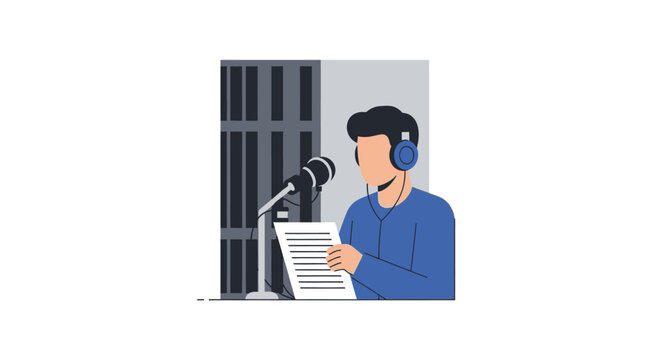 Flat Vector Illustration of a Man Recording a Podcast or Voiceover in a Professional Studio with Microphone and Headphones