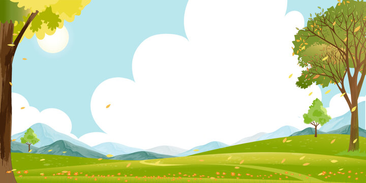 Spring Landscape Green fields,Mountain,Blue Sky and Clouds Background,Horizon peaceful rural nature Sunny day Summer with grass land.Cartoon Vector illustration for Spring and Summer banner