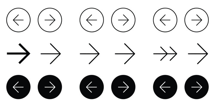 Arrow buttons icon collection with slider navigation symbols and rounded directional controls for modern web and app design