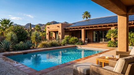 Fototapeta premium Modern Solar Panels Installed On A Arizona Home Under Clear Blue Sunny Sky, Solar Photography, Solar Powered Clean Energy, Sustainable Resources, Electricity