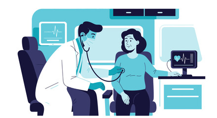 Fototapeta premium Medical Examination Illustration Depicting Doctor Checking Patient's Heartbeat In Clinic