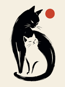 Cats Yin Yang Brush Ink Vector Illustration