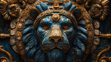 Obraz premium Ornate Ancient Egyptian Lion Head Sculpture with Gold and Blue Details