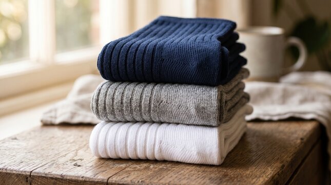 Stack of folded sweaters on a wooden table