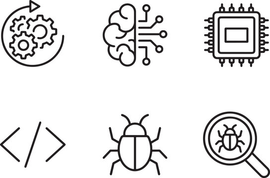 Line icons for coding and software development on white background