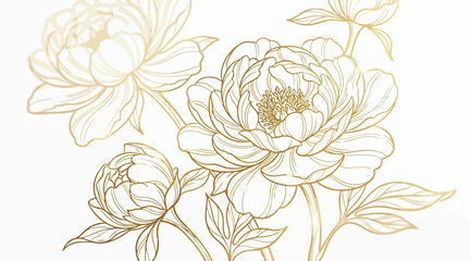 Fototapeta premium Elegant gold line art peony flowers on luxury golden floral illustration with blooming peonies and buds