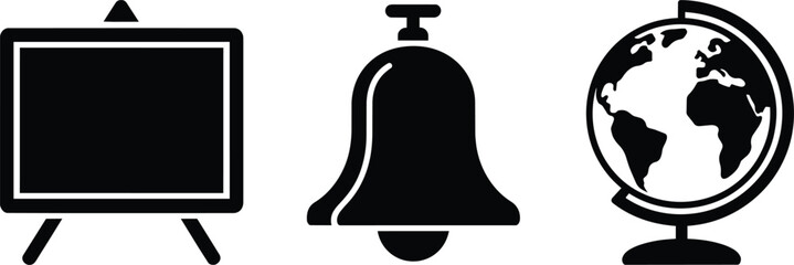 Flat design icons set blackboard, bell, and globe, perfect for educational or travel themes and education and learning in outline style © Bakalia