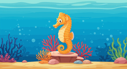 colorful cartoon seahorse on coral reef © Laris