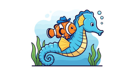 Obraz premium Cute Cartoon Clownfish Wearing a Cowboy Hat Riding a Seahorse Underwater