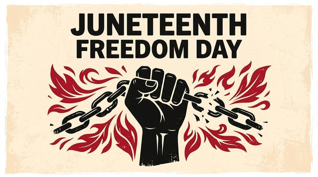 Juneteenth Freedom Day vintage poster, black fist breaking metal chains with red flames, African American emancipation and liberation concept art