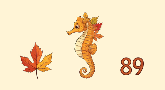 Creative Fall Seahorse Illustration with Maple Leaf and Number 89