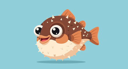 Cute cartoon pufferfish with big eyes on blue background © Laris