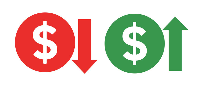 Dollar Sign Fluctuation. A graphic representation showing a red circle with a dollar sign and a downward arrow next to a green circle with a dollar sign and an upward arrow.