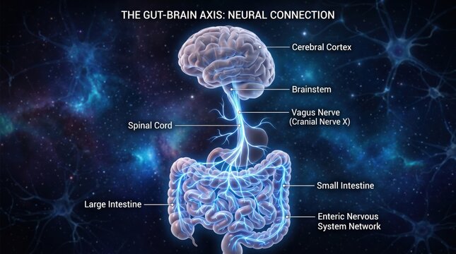 3D illustration of gut-brain axis neural connection
