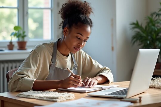 Focused young woman writing in notebook at her home office desk