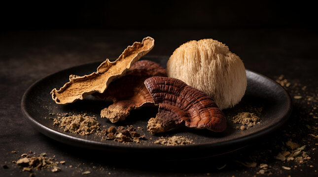 Medicinal mushrooms lions mane and dried reishi slices on black plate with powder extract close up