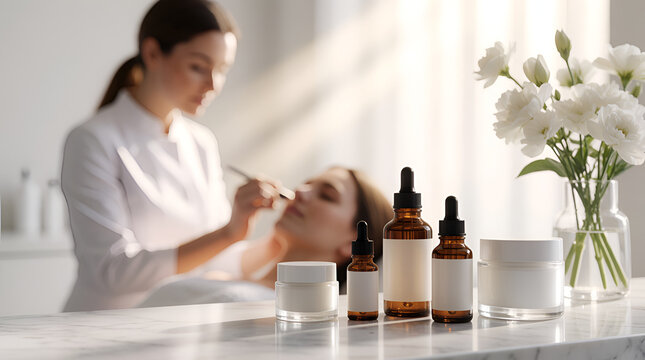Cosmetic bottles and jars mockup on counter with blurred beautician applying face mask to client background