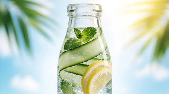 Detox sassy water glass bottle with cucumber lemon slices and mint under palm leaves against blue sky
