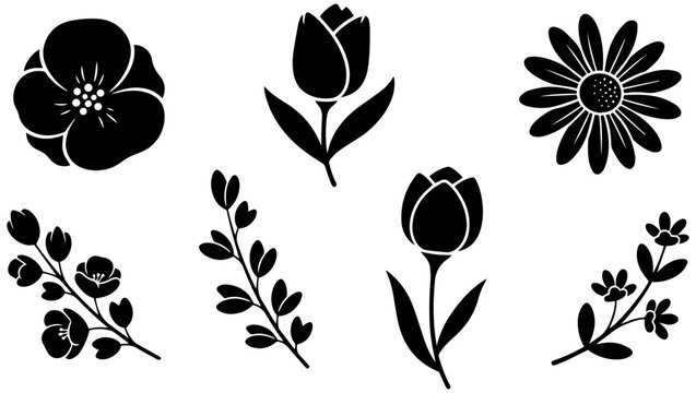 Black silhouette vector graphic set featuring various floral blossoms and botanical leaves for creative design projects