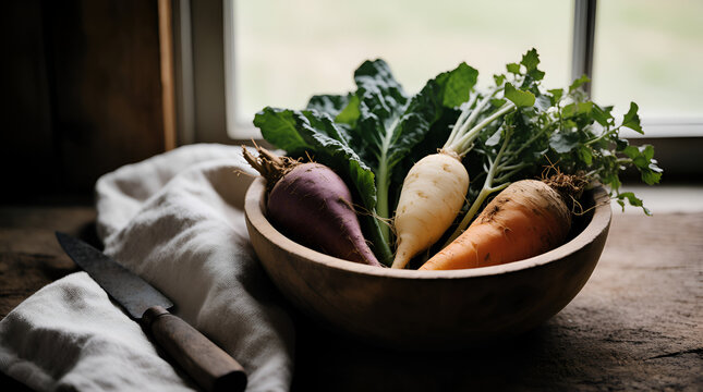 Fresh organic root vegetables carrot parsnip and beetroot with greens in wooden bowl on rustic table